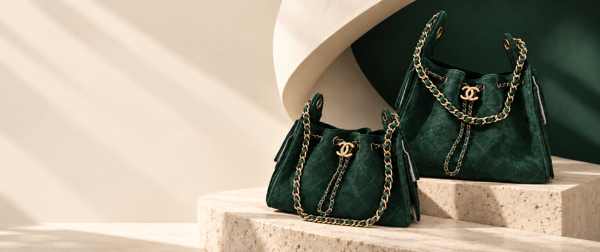 Two emerald quilted suede drawstring bags with gold chain straps on travertine steps