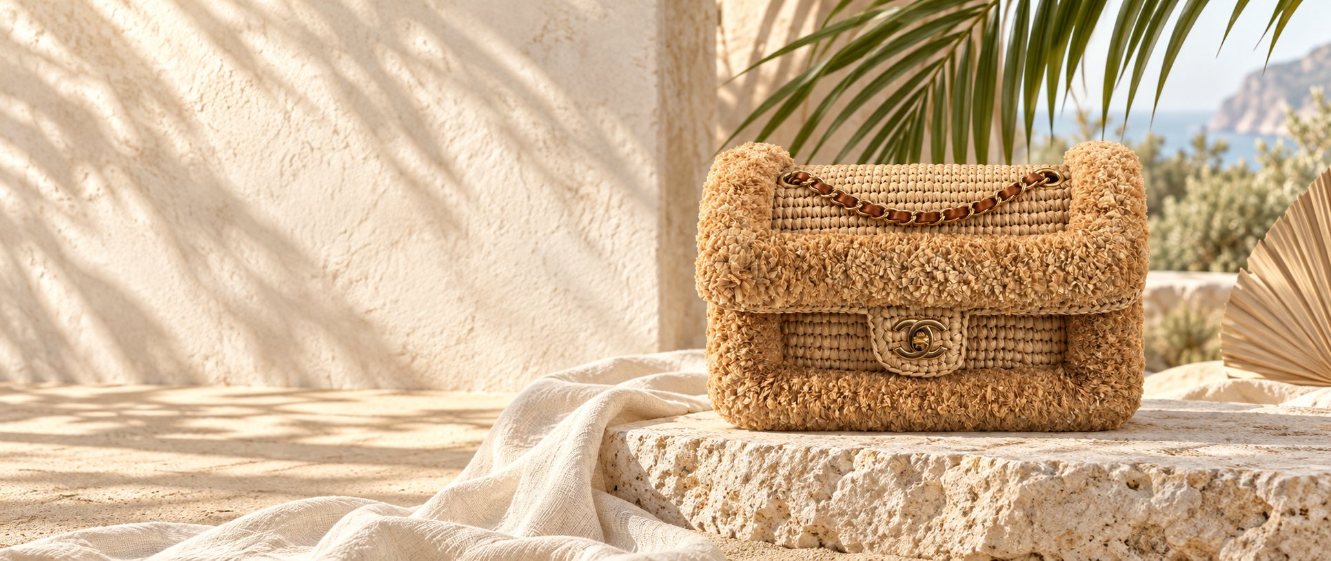 Camel woven raffia flap bag with plush trim on a sunlit stone ledge by the sea