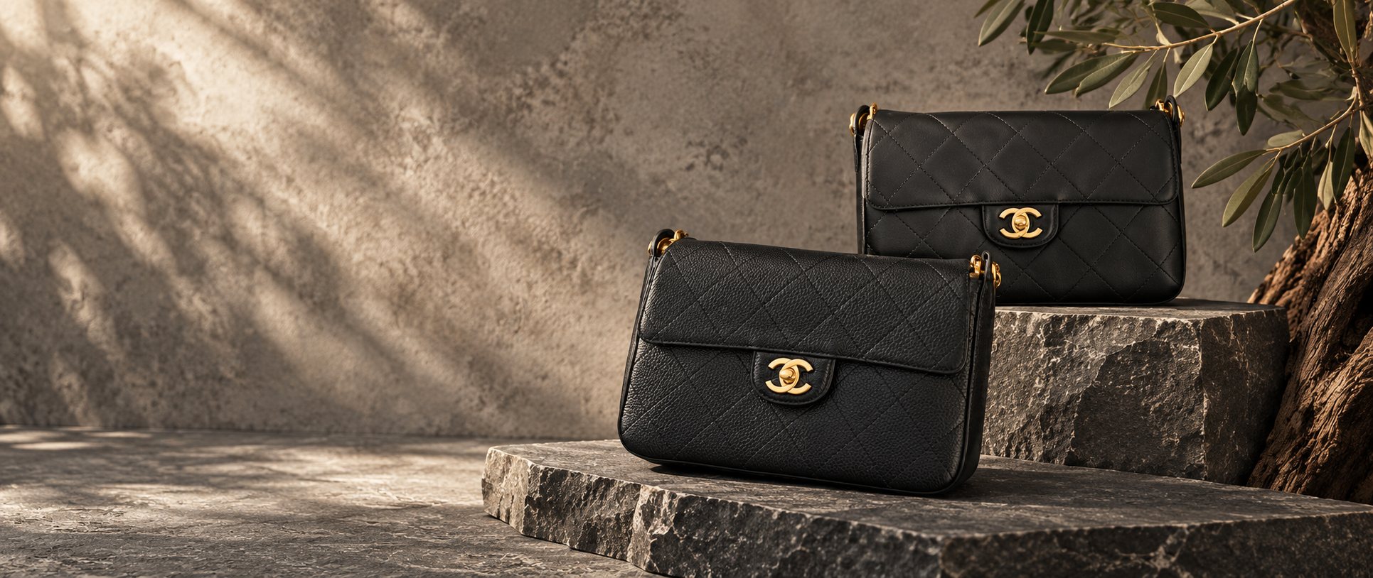 Two black quilted leather flap bags with gold hardware on dark stone steps beside an olive tree